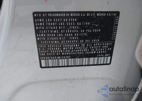 2018 Volkswagen Tiguan 2.0T Se/2.0T Sel from USA, damaged, VIN 3VV3B7AX5JM134787